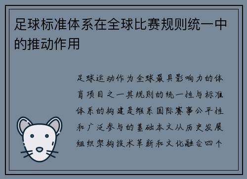 足球标准体系在全球比赛规则统一中的推动作用